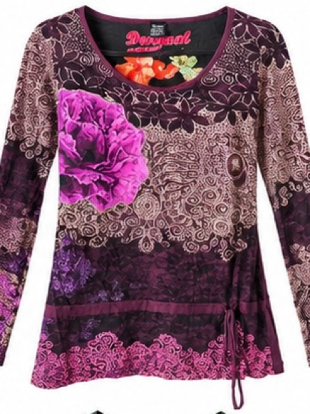 Desigual Purple Floral Lace-Print Long Sleeve Tee with Side Tie